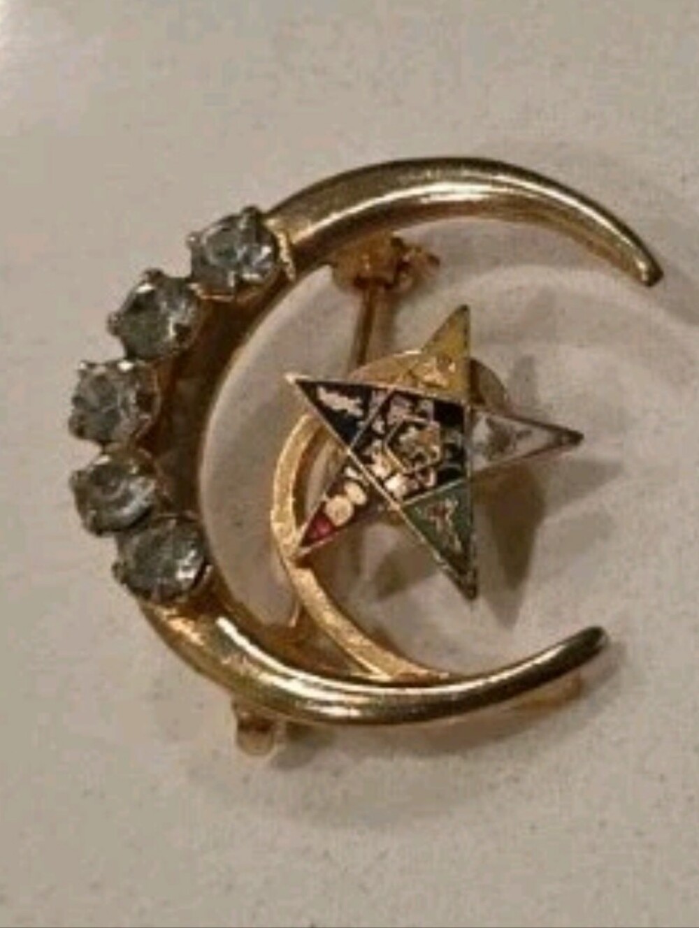 Vintage Enamel Order of Eastern Star on Goldtone Crescent Moon Rhinestone Brooch